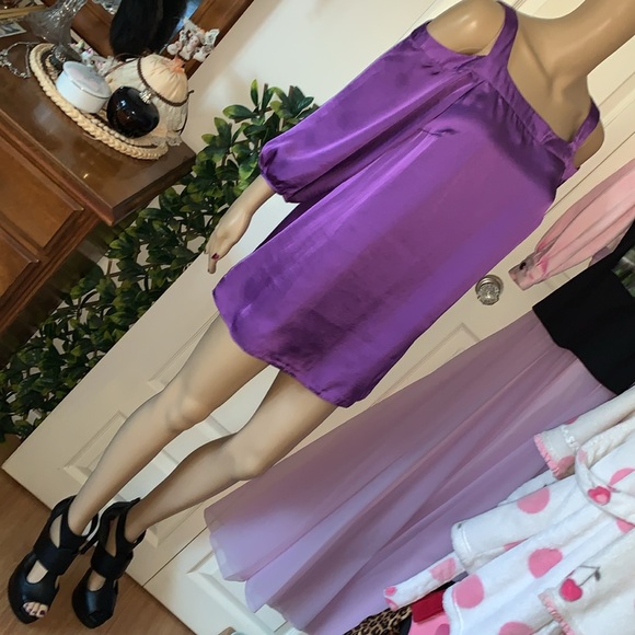 Purple cold shoulder silky draped tunic babydoll top S M - Picture 3 of 8